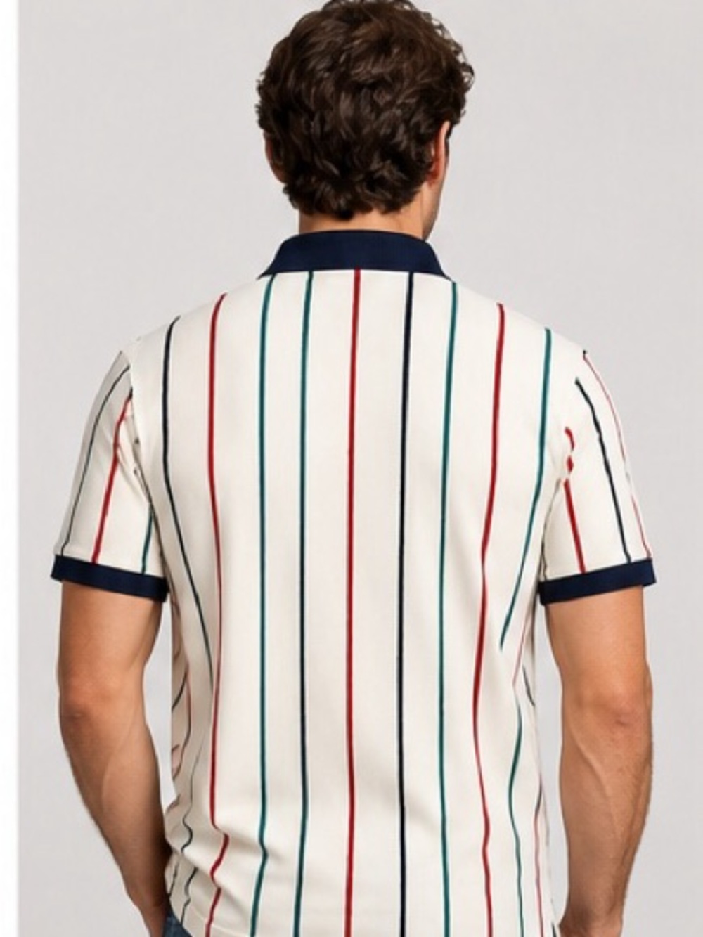 Vintage Eddie Bauer White Polo with Navy Collar and Red, Teal, and Black Stripes - Picture 5 of 8